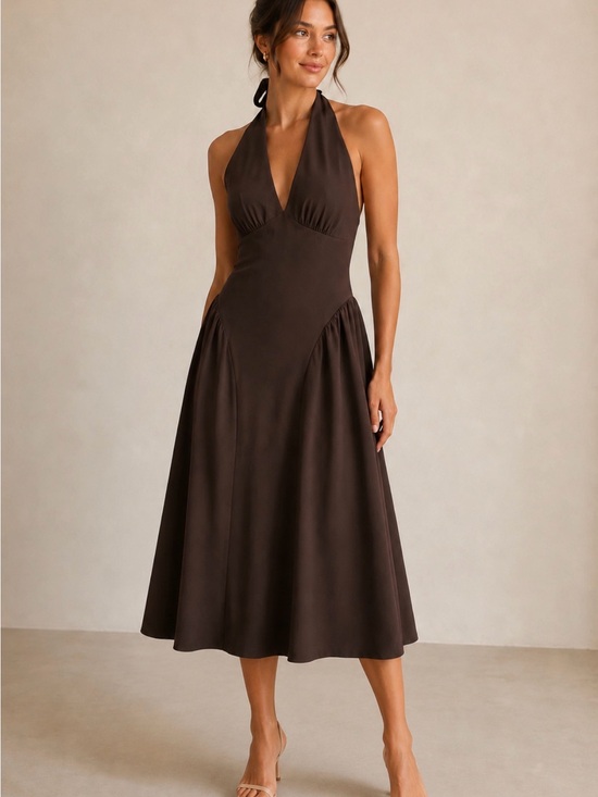 Band Of The Free Dresses & Skirts - Sleeveless Halter Midi Dress in Chocolate Brown